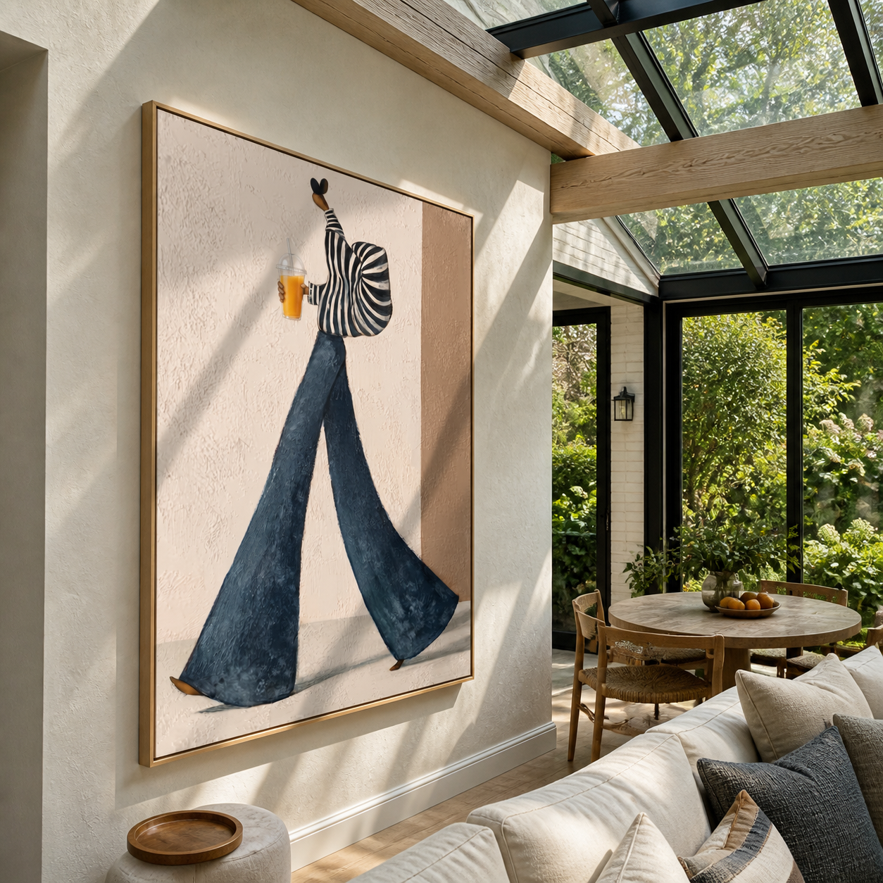 Striped Sleeves Carry the Morning Cup - coffee woman painting by Marcus Lau, retro modern vertical wall art – styled room scene view 5
