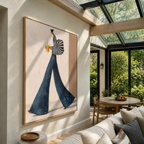 Striped Sleeves Carry the Morning Cup - coffee woman painting by Marcus Lau, retro modern vertical wall art – styled room scene view 5