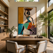 Turquoise Carries the Market Bowl - woman carrying bowl painting by Marcus Lau, retro modern vertical wall art – styled room scene view 1