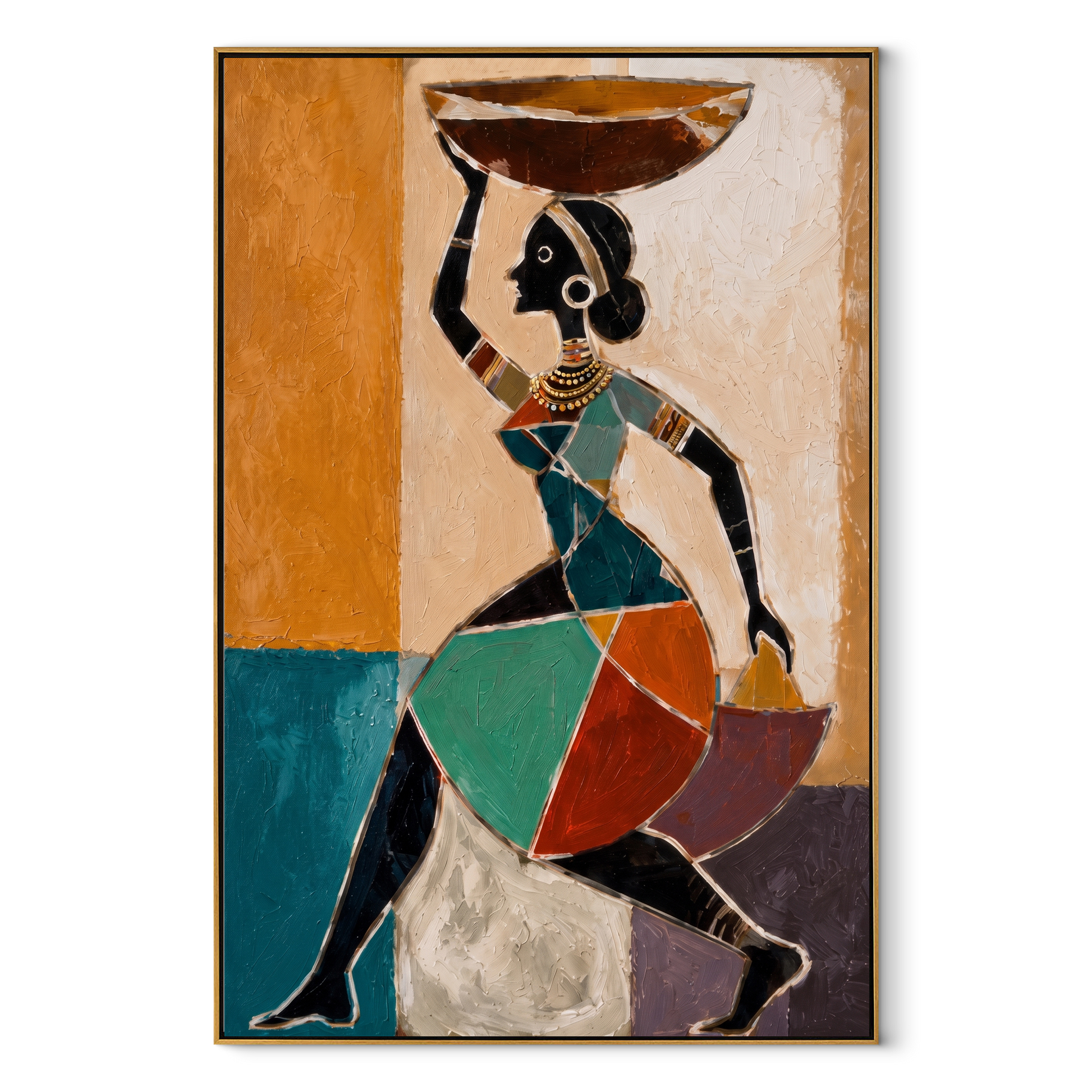 Turquoise Carries the Market Bowl - woman carrying bowl painting by Marcus Lau, retro modern vertical wall art – wood frame on white background