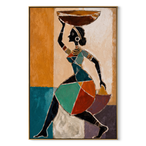 Turquoise Carries the Market Bowl - woman carrying bowl painting by Marcus Lau, retro modern vertical wall art – wood frame on white background