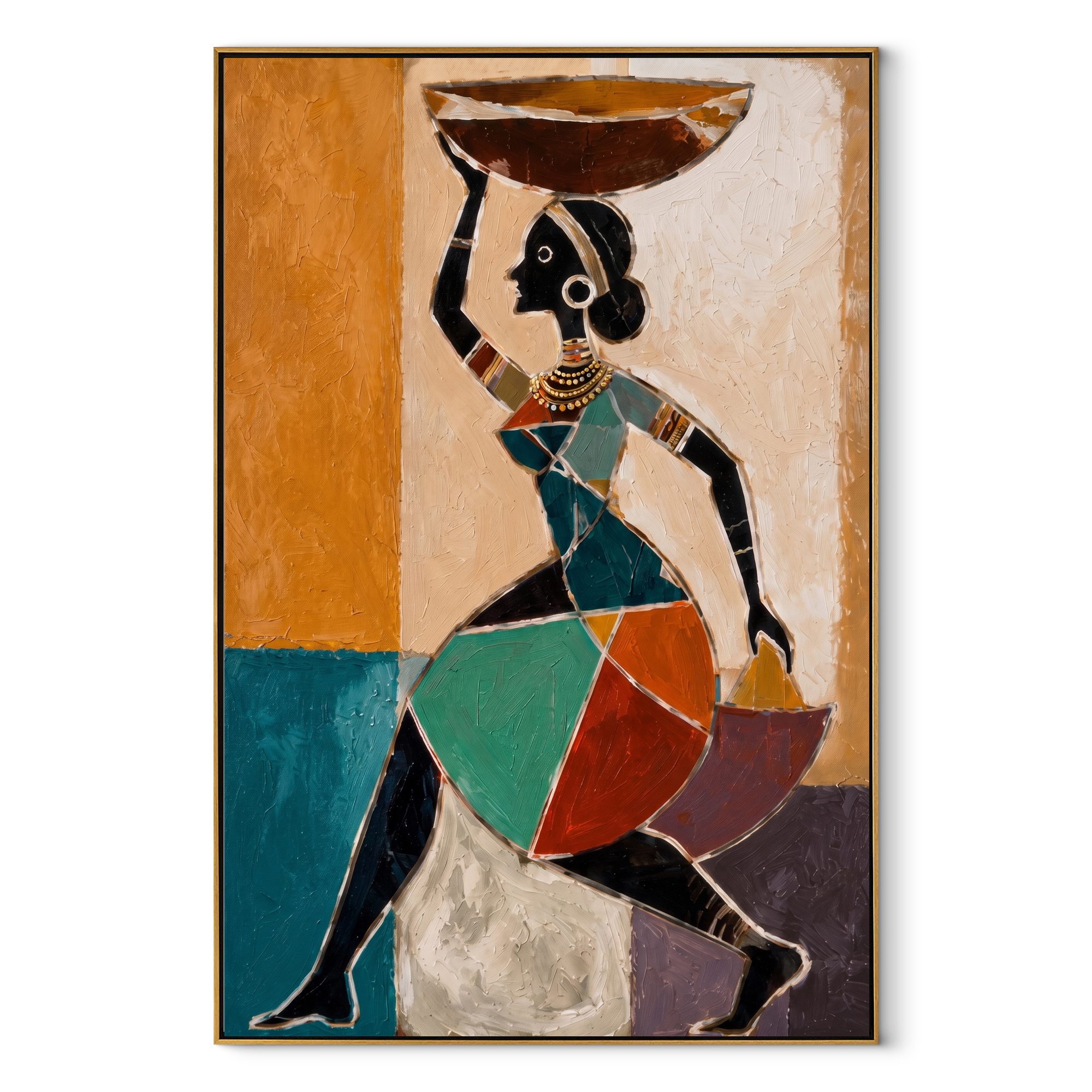 Turquoise Carries the Market Bowl - woman carrying bowl painting by Marcus Lau, retro modern vertical wall art – wood frame on white background
