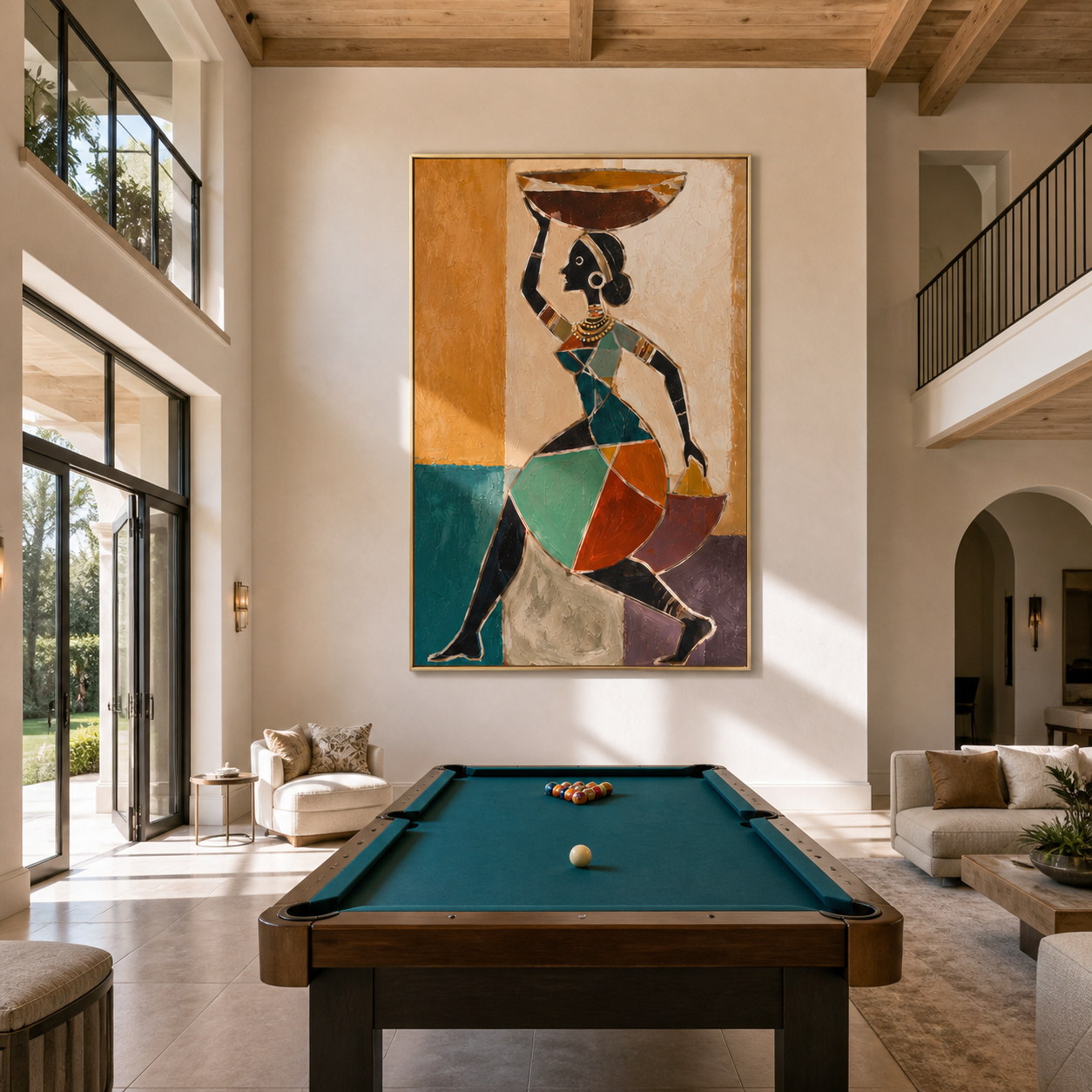 Turquoise Carries the Market Bowl - woman carrying bowl painting by Marcus Lau, retro modern vertical wall art – styled room scene view 2
