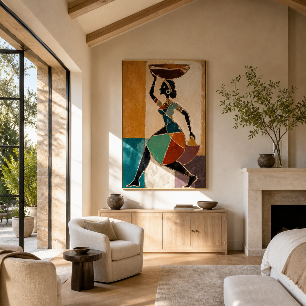 Turquoise Carries the Market Bowl - woman carrying bowl painting by Marcus Lau, retro modern vertical wall art – styled room scene view 3