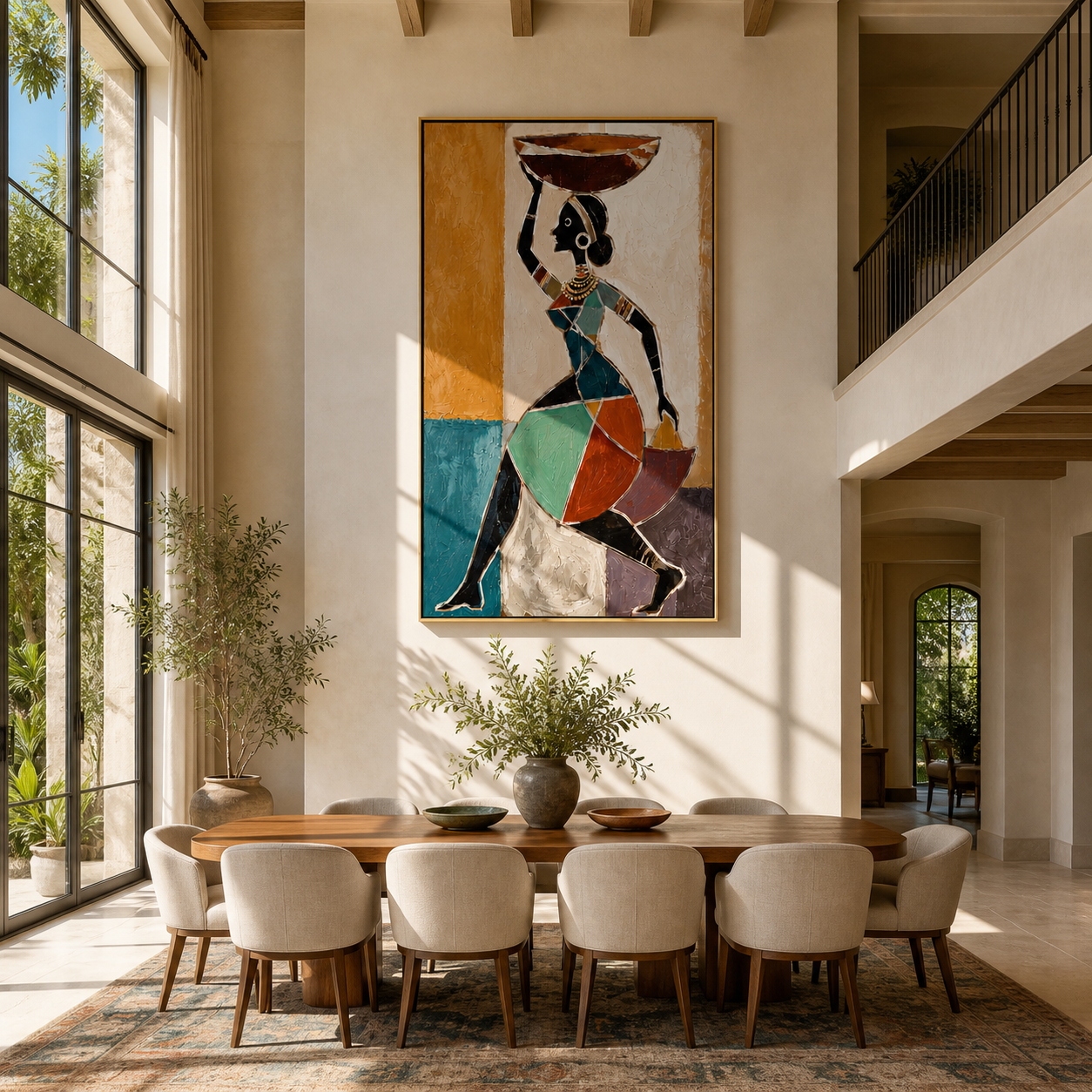 Turquoise Carries the Market Bowl - woman carrying bowl painting by Marcus Lau, retro modern vertical wall art – styled room scene view 4
