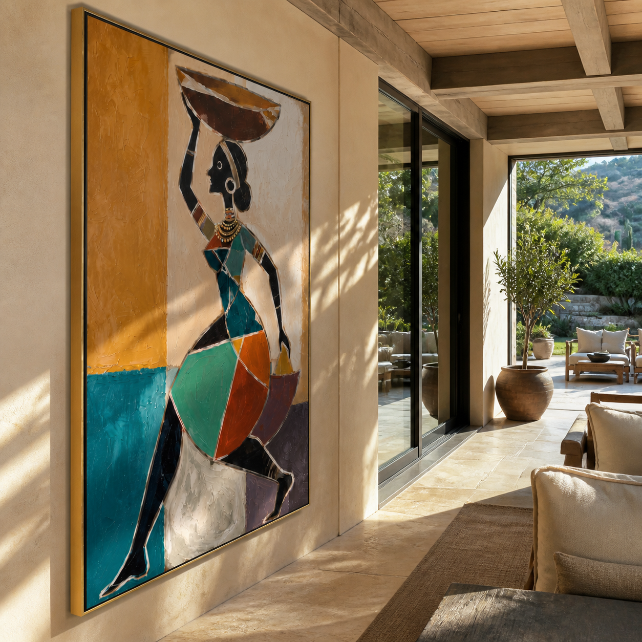 Turquoise Carries the Market Bowl - woman carrying bowl painting by Marcus Lau, retro modern vertical wall art – styled room scene view 5