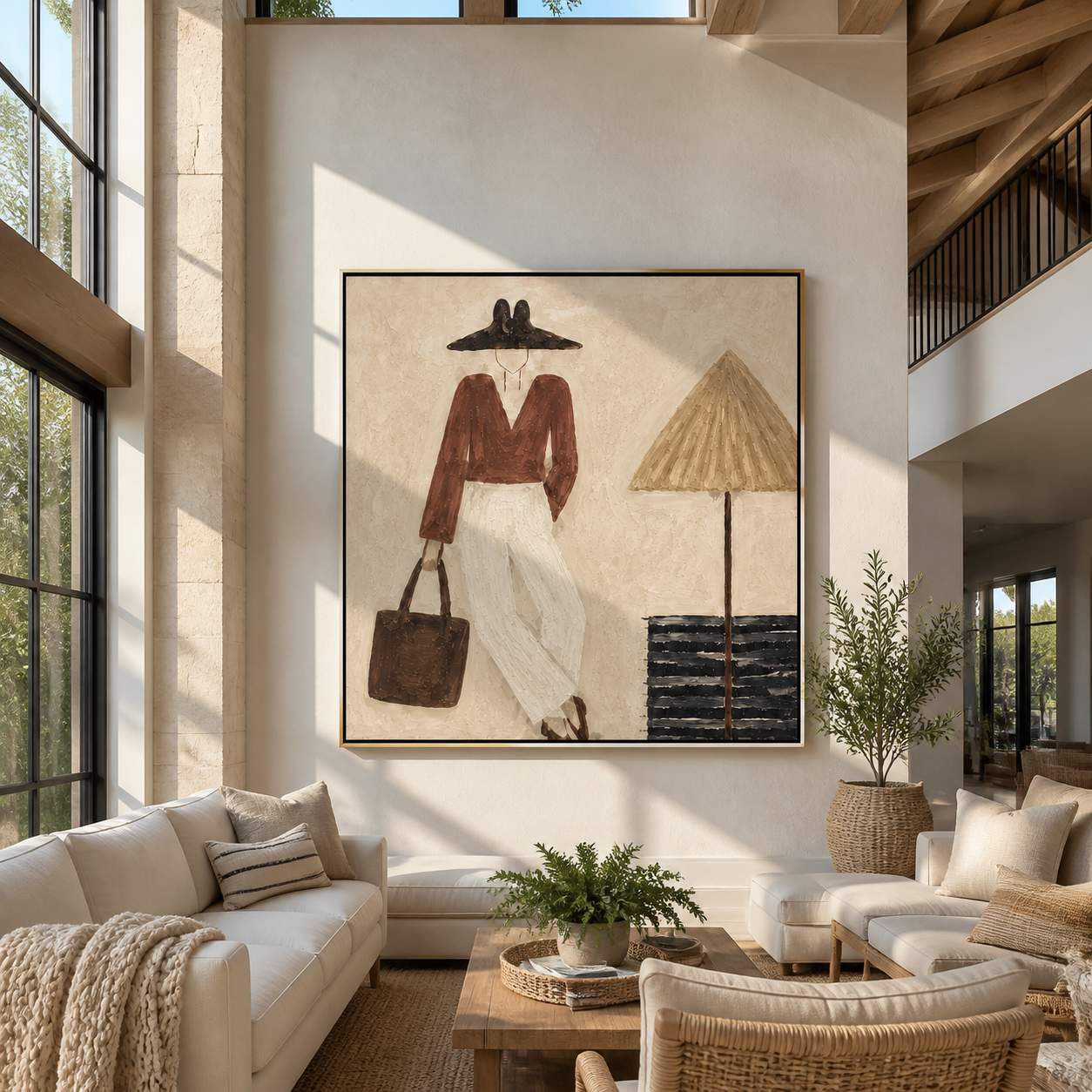 Brown Brim Waits beside the Lamp - minimal fashion interior painting by Marcus Lau, retro modern square wall art – styled room scene view 1