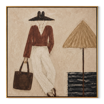 Brown Brim Waits beside the Lamp - minimal fashion interior painting by Marcus Lau, retro modern square wall art – wood frame on white background