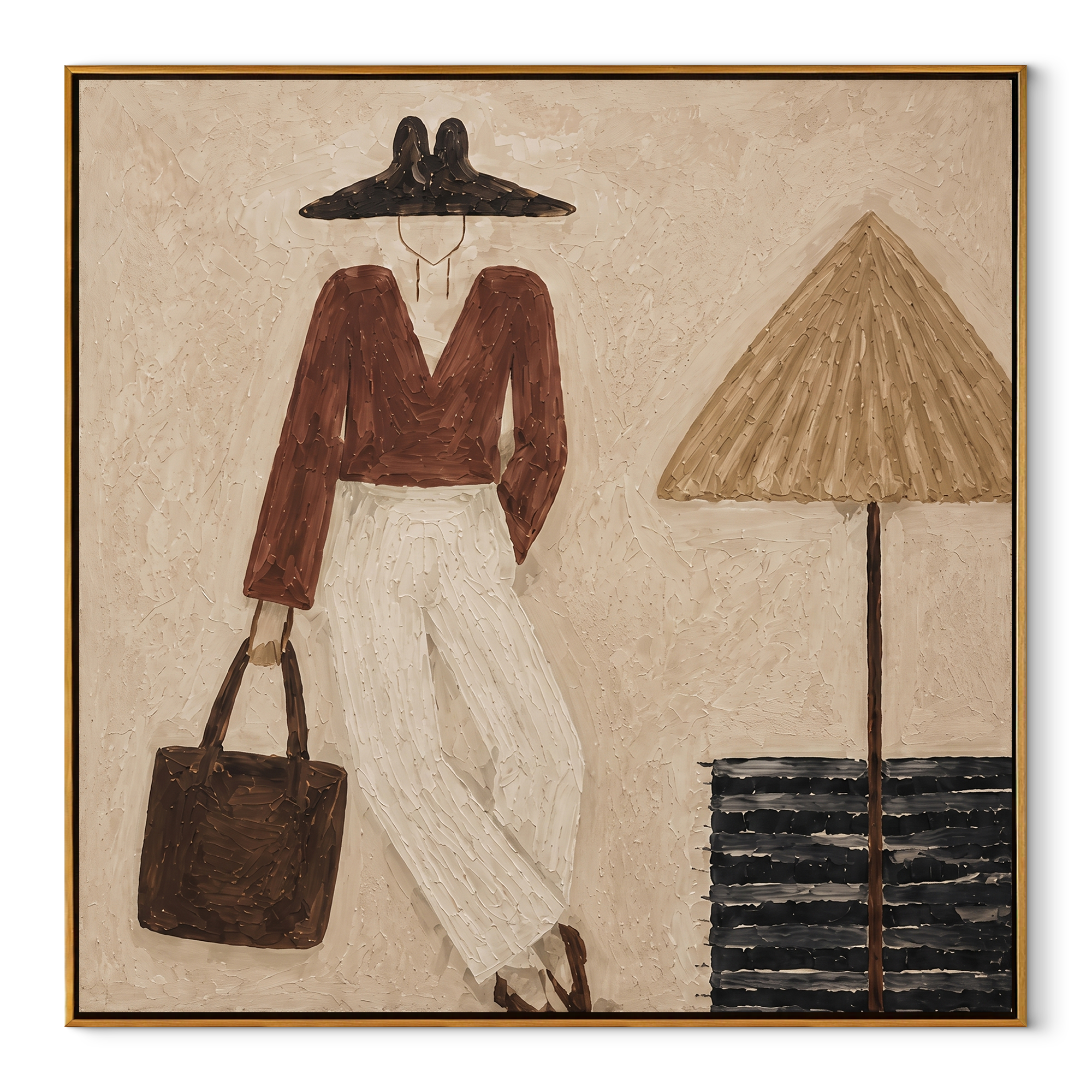 Brown Brim Waits beside the Lamp - minimal fashion interior painting by Marcus Lau, retro modern square wall art – wood frame on white background