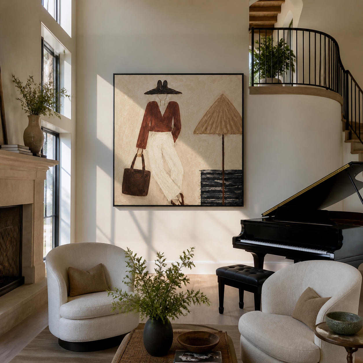 Brown Brim Waits beside the Lamp - minimal fashion interior painting by Marcus Lau, retro modern square wall art – styled room scene view 3
