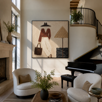 Brown Brim Waits beside the Lamp - minimal fashion interior painting by Marcus Lau, retro modern square wall art – styled room scene view 3