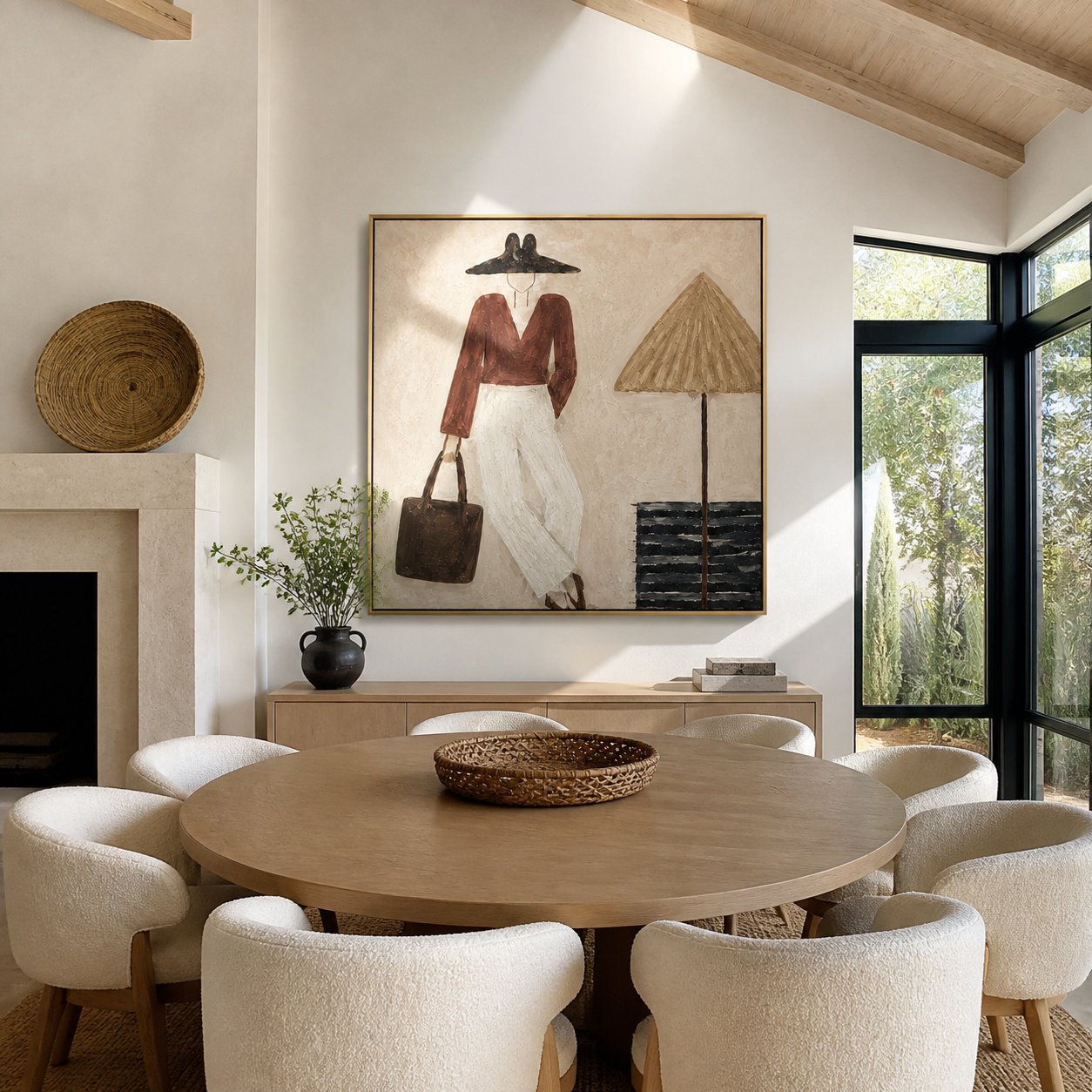 Brown Brim Waits beside the Lamp - minimal fashion interior painting by Marcus Lau, retro modern square wall art – styled room scene view 5