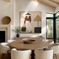 Brown Brim Waits beside the Lamp - minimal fashion interior painting by Marcus Lau, retro modern square wall art – styled room scene view 5