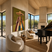 Color Falls from the Wide Brim - striped dress woman painting by Marcus Lau, retro modern vertical wall art – styled room scene view 1
