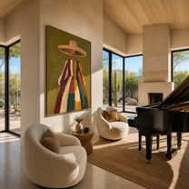 Color Falls from the Wide Brim - striped dress woman painting by Marcus Lau, retro modern vertical wall art – styled room scene view 1