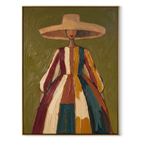 Color Falls from the Wide Brim - striped dress woman painting by Marcus Lau, retro modern vertical wall art – wood frame on white background