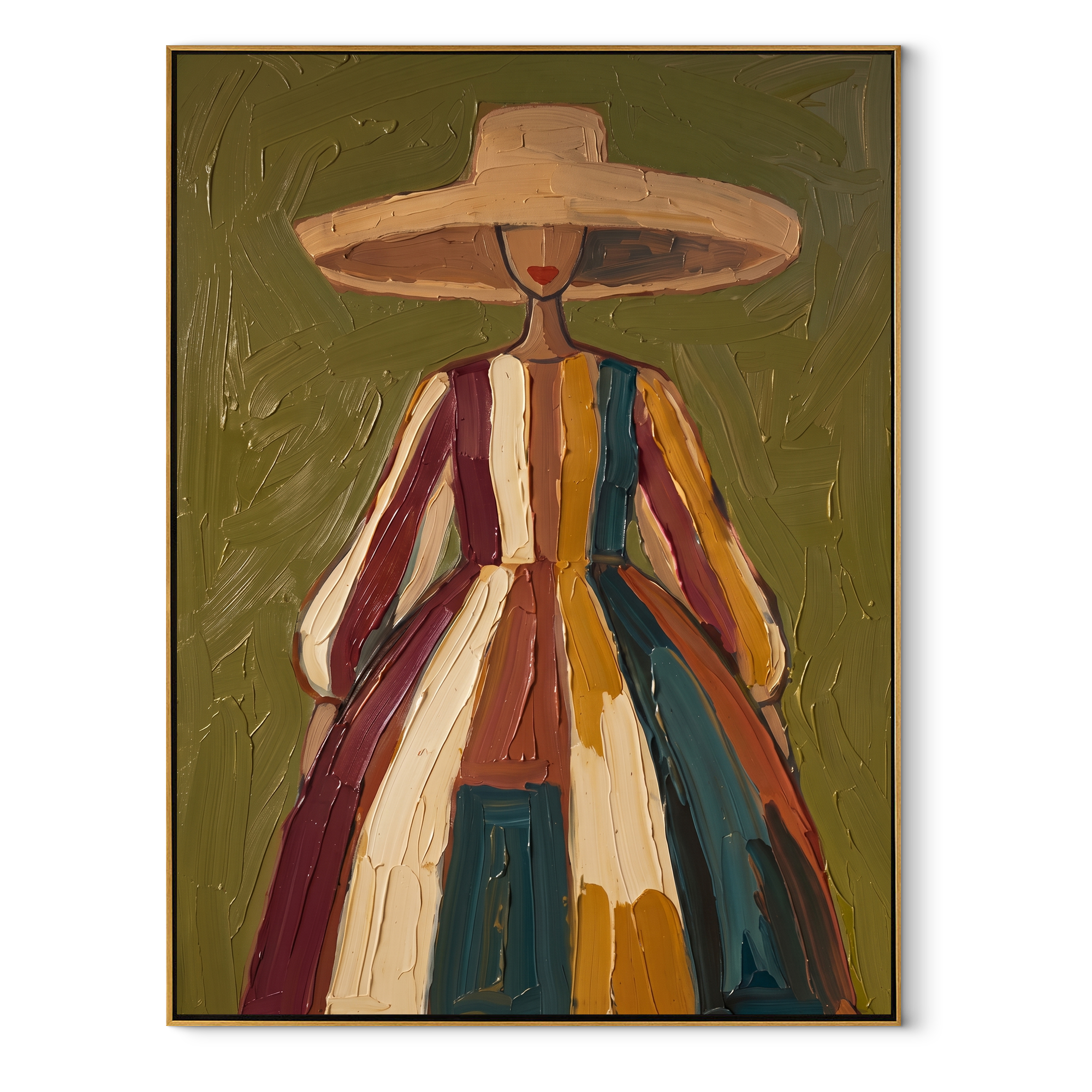 Color Falls from the Wide Brim - striped dress woman painting by Marcus Lau, retro modern vertical wall art – wood frame on white background