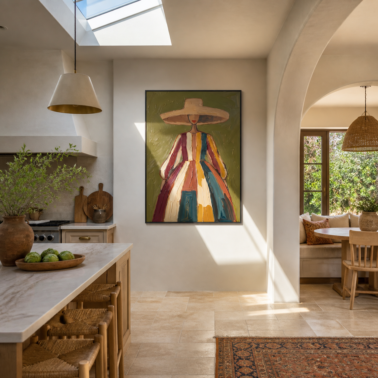 Color Falls from the Wide Brim - striped dress woman painting by Marcus Lau, retro modern vertical wall art – styled room scene view 2