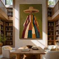 Color Falls from the Wide Brim - striped dress woman painting by Marcus Lau, retro modern vertical wall art – styled room scene view 3