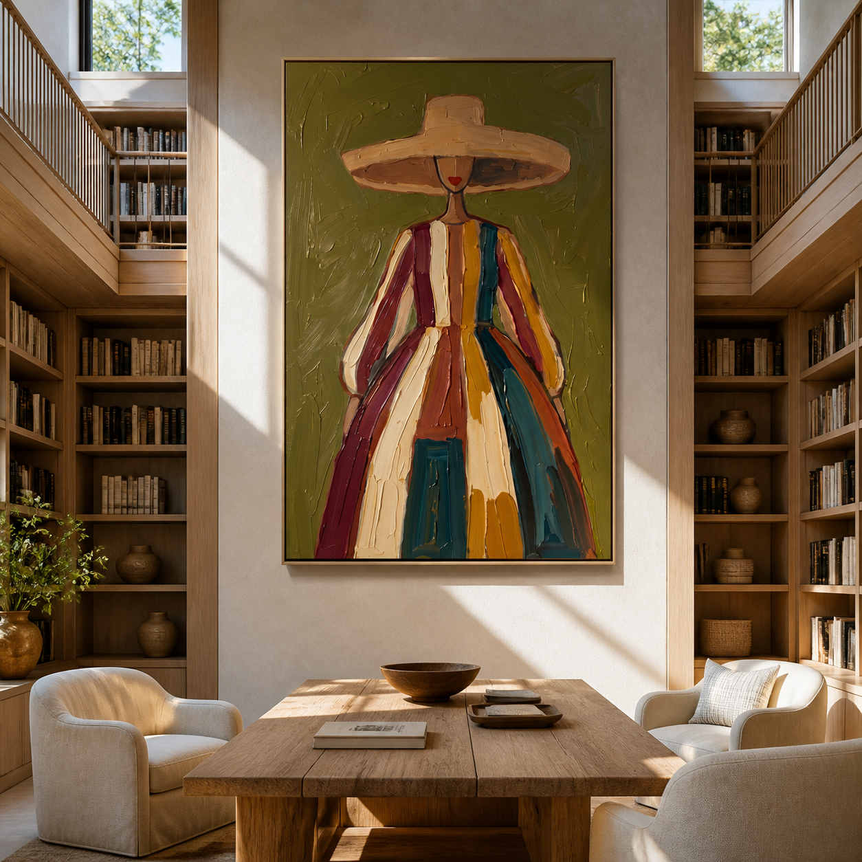 Color Falls from the Wide Brim - striped dress woman painting by Marcus Lau, retro modern vertical wall art – styled room scene view 3