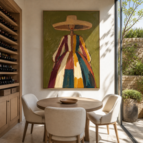 Color Falls from the Wide Brim - striped dress woman painting by Marcus Lau, retro modern vertical wall art – styled room scene view 4
