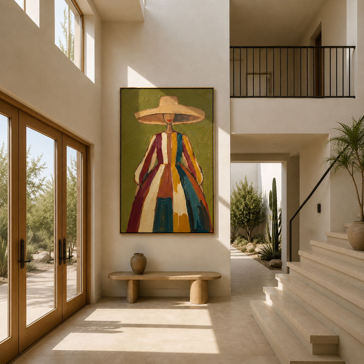 Color Falls from the Wide Brim - striped dress woman painting by Marcus Lau, retro modern vertical wall art – styled room scene view 5