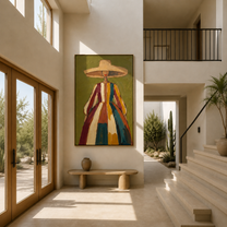 Color Falls from the Wide Brim - striped dress woman painting by Marcus Lau, retro modern vertical wall art – styled room scene view 5