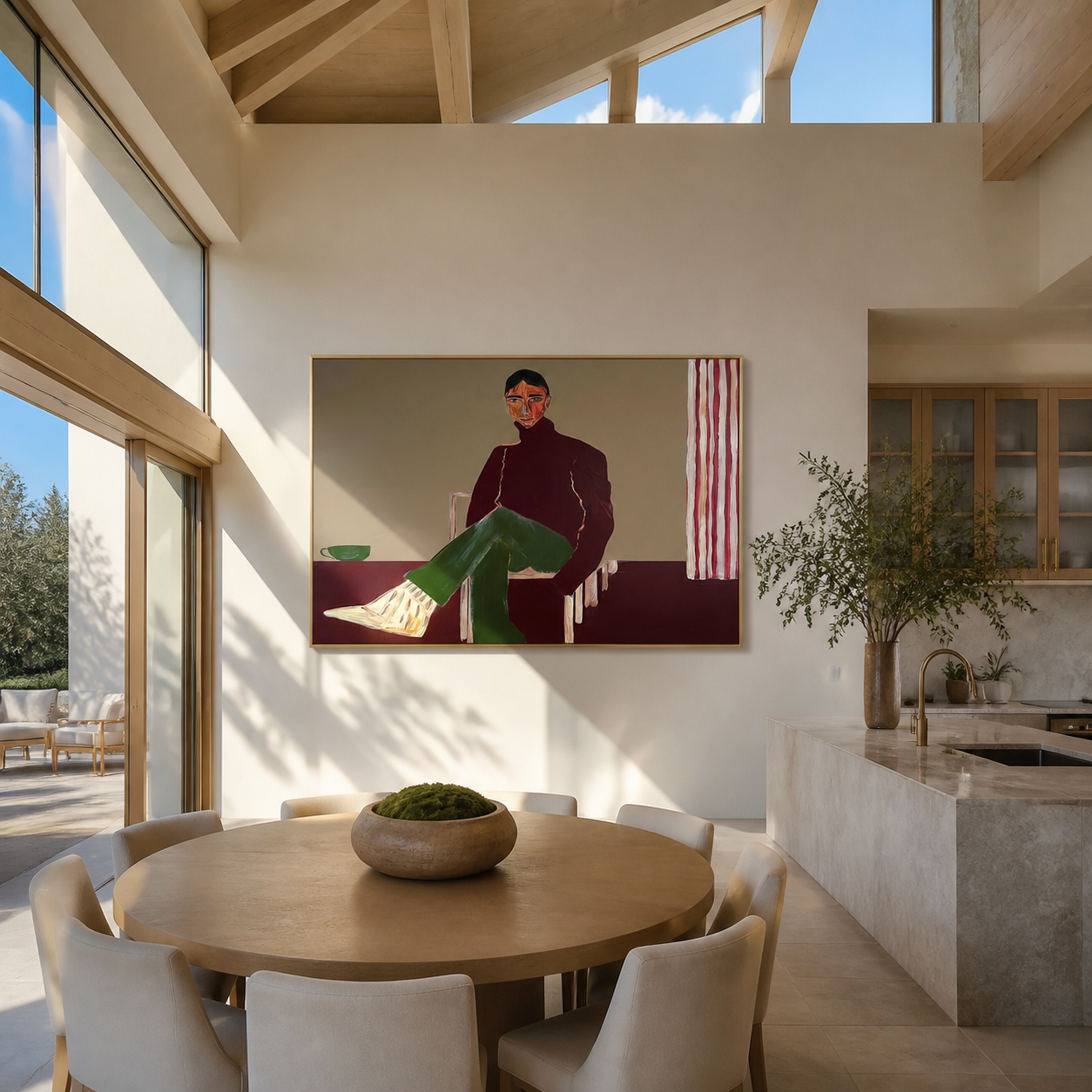 Burgundy Waits by the Striped Curtain - seated woman painting by Marcus Lau, retro modern horizontal wall art – styled room scene view 1