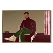 Burgundy Waits by the Striped Curtain - seated woman painting by Marcus Lau, retro modern horizontal wall art – wood frame on white background