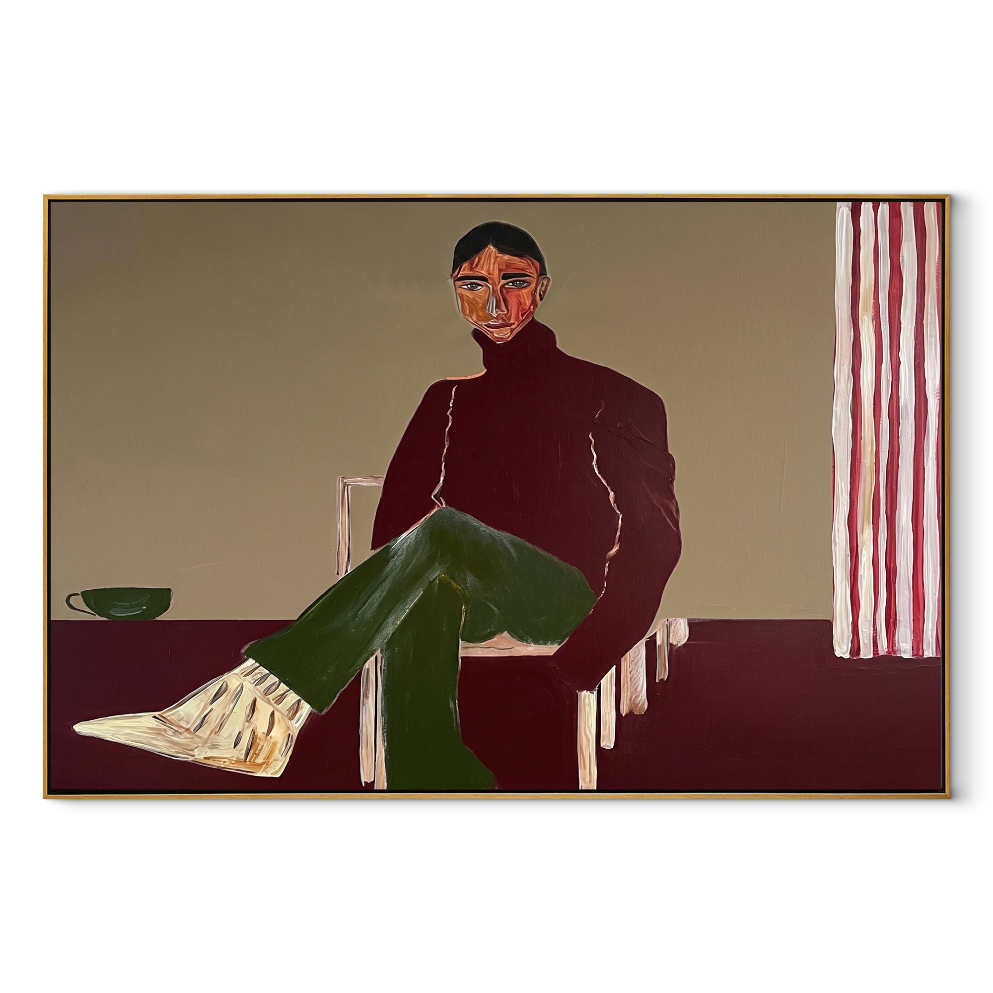Burgundy Waits by the Striped Curtain - seated woman painting by Marcus Lau, retro modern horizontal wall art – wood frame on white background
