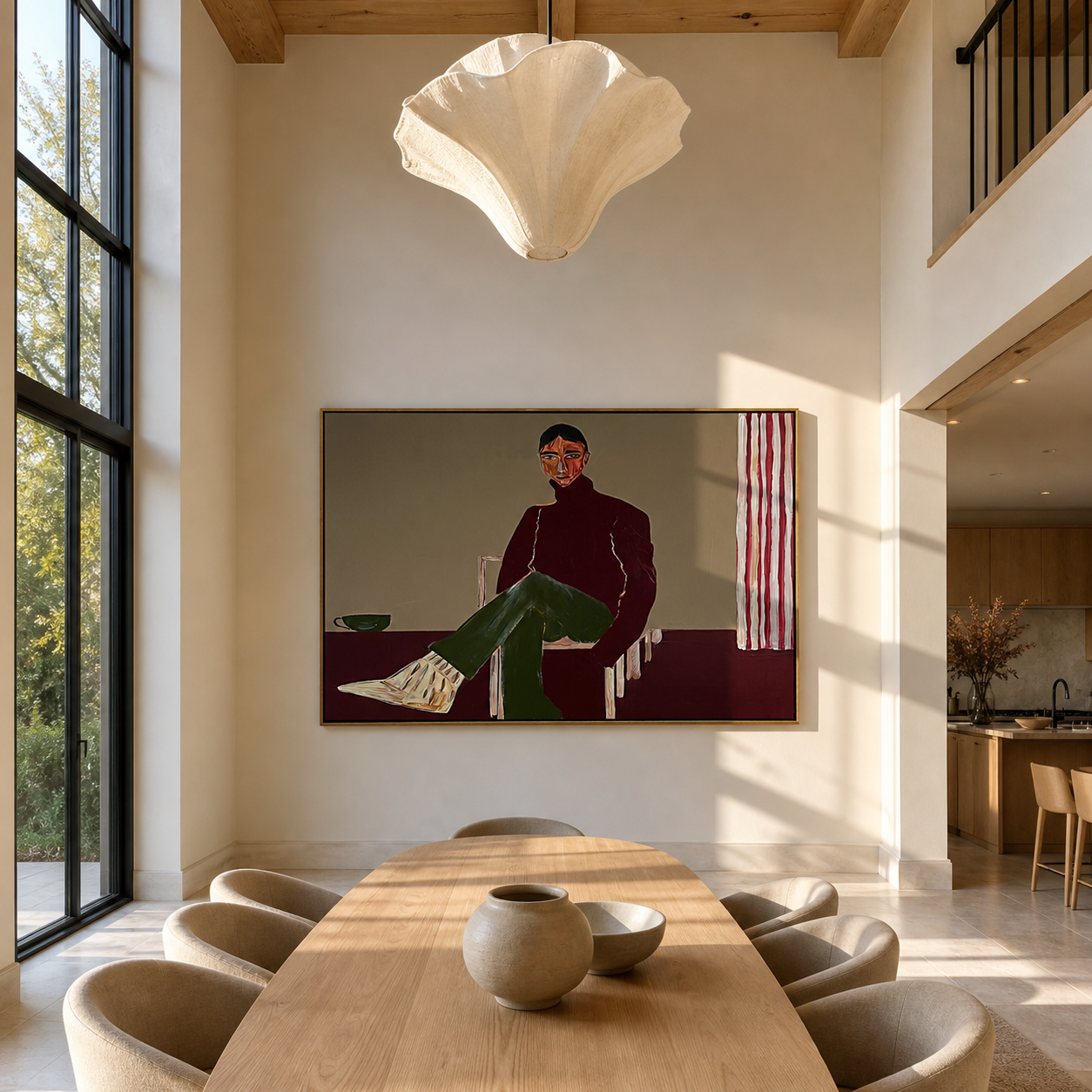 Burgundy Waits by the Striped Curtain - seated woman painting by Marcus Lau, retro modern horizontal wall art – styled room scene view 2
