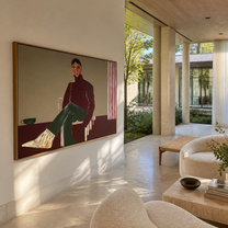 Burgundy Waits by the Striped Curtain - seated woman painting by Marcus Lau, retro modern horizontal wall art – styled room scene view 3