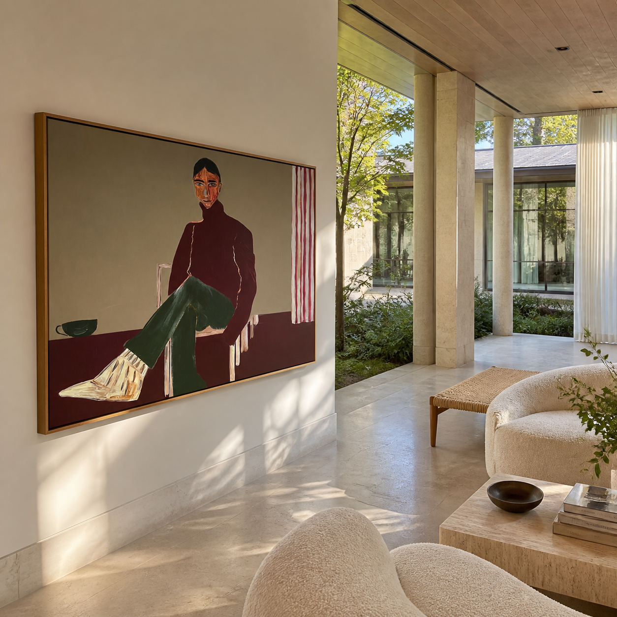 Burgundy Waits by the Striped Curtain - seated woman painting by Marcus Lau, retro modern horizontal wall art – styled room scene view 3