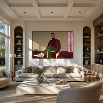 Burgundy Waits by the Striped Curtain - seated woman painting by Marcus Lau, retro modern horizontal wall art – styled room scene view 4