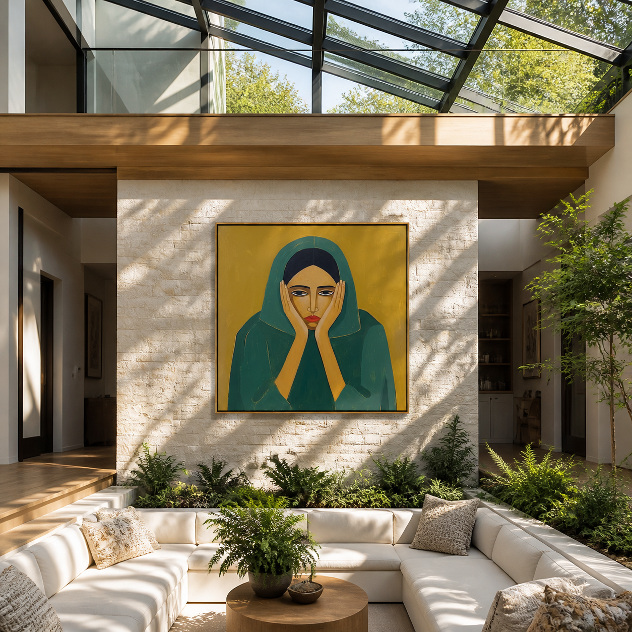 Emerald Hands Frame the Face - woman in green portrait by Marcus Lau, retro modern square wall art – styled room scene view 1