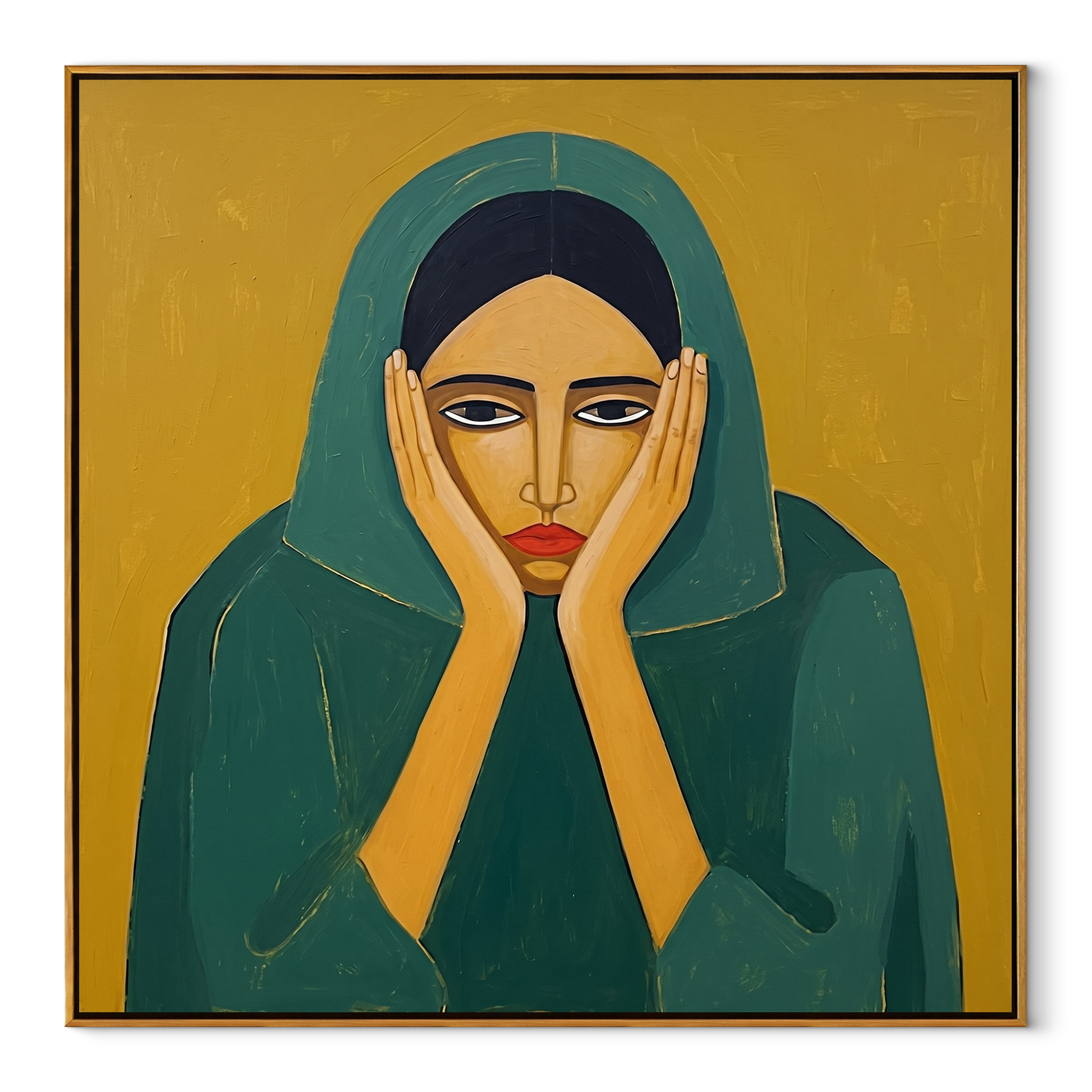 Emerald Hands Frame the Face - woman in green portrait by Marcus Lau, retro modern square wall art – wood frame on white background