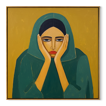 Emerald Hands Frame the Face - woman in green portrait by Marcus Lau, retro modern square wall art – wood frame on white background