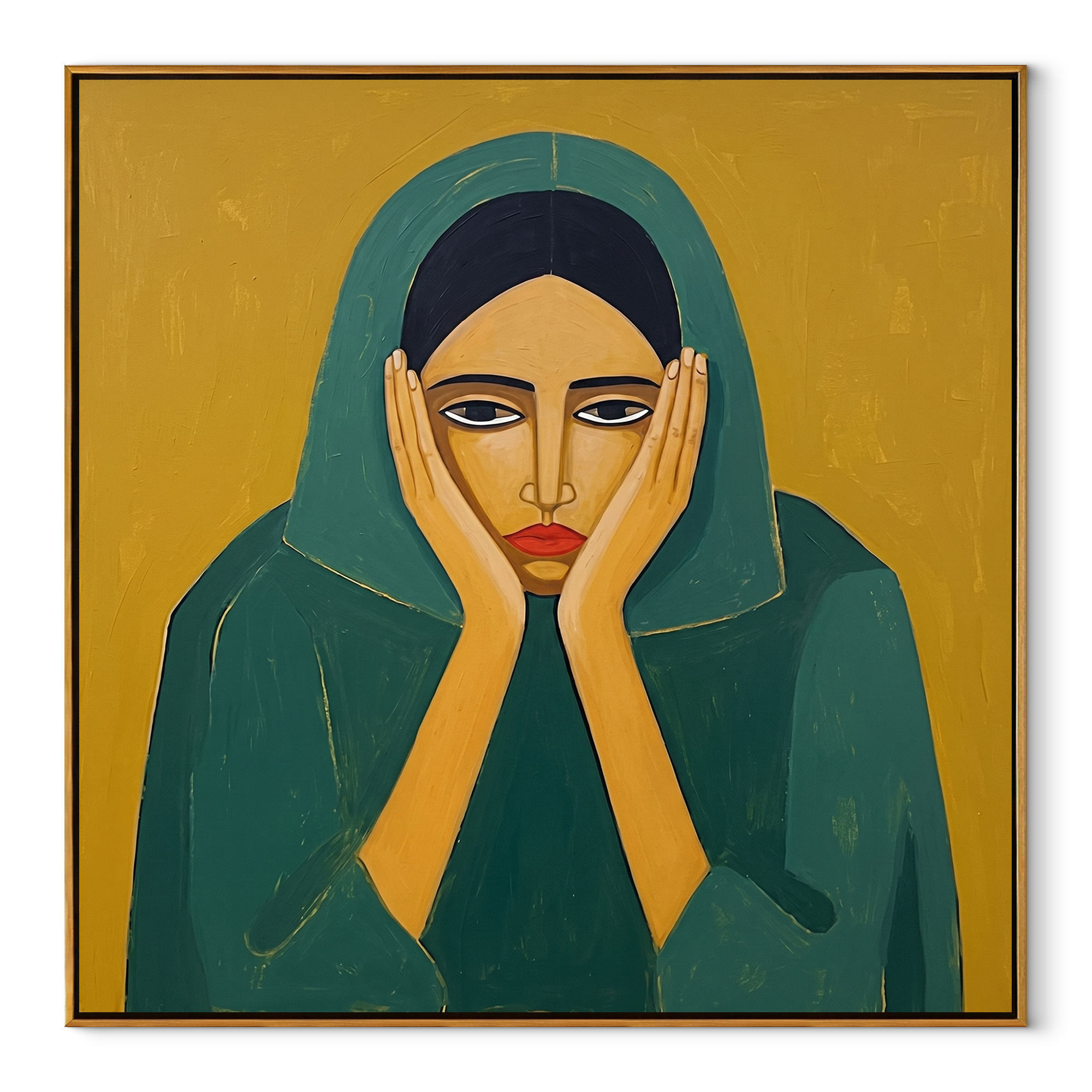 Emerald Hands Frame the Face - woman in green portrait by Marcus Lau, retro modern square wall art – wood frame on white background