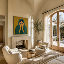 Emerald Hands Frame the Face - woman in green portrait by Marcus Lau, retro modern square wall art – styled room scene view 2