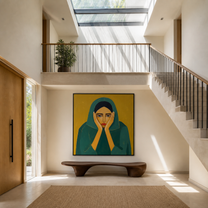 Emerald Hands Frame the Face - woman in green portrait by Marcus Lau, retro modern square wall art – styled room scene view 3