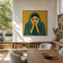 Emerald Hands Frame the Face - woman in green portrait by Marcus Lau, retro modern square wall art – styled room scene view 4