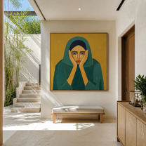 Emerald Hands Frame the Face - woman in green portrait by Marcus Lau, retro modern square wall art – styled room scene view 5