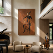 The Cello Draws a Brown Line - cellist figure painting by Marcus Lau, retro modern vertical wall art – styled room scene view 1