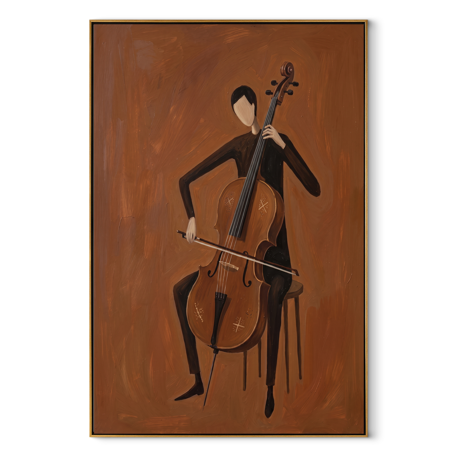 The Cello Draws a Brown Line - cellist figure painting by Marcus Lau, retro modern vertical wall art – wood frame on white background