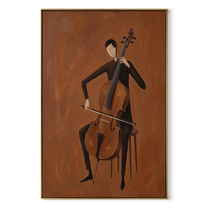 The Cello Draws a Brown Line - cellist figure painting by Marcus Lau, retro modern vertical wall art – wood frame on white background