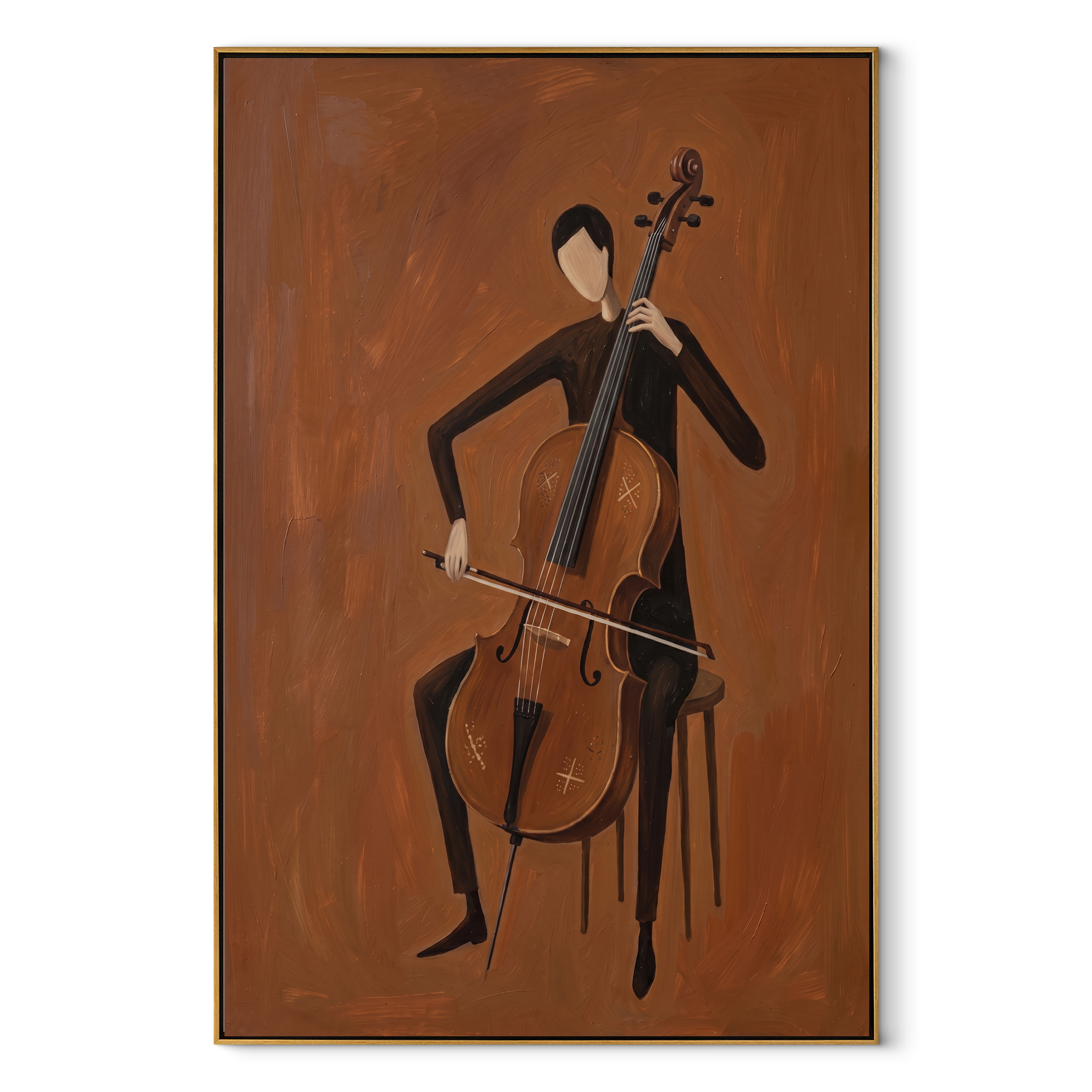 The Cello Draws a Brown Line - cellist figure painting by Marcus Lau, retro modern vertical wall art – wood frame on white background