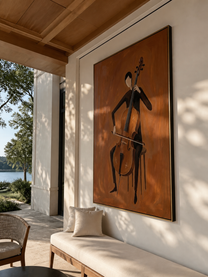 The Cello Draws a Brown Line - cellist figure painting by Marcus Lau, retro modern vertical wall art – styled room scene view 2