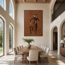 The Cello Draws a Brown Line - cellist figure painting by Marcus Lau, retro modern vertical wall art – styled room scene view 3
