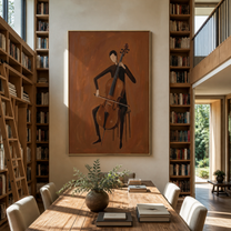 The Cello Draws a Brown Line - cellist figure painting by Marcus Lau, retro modern vertical wall art – styled room scene view 4