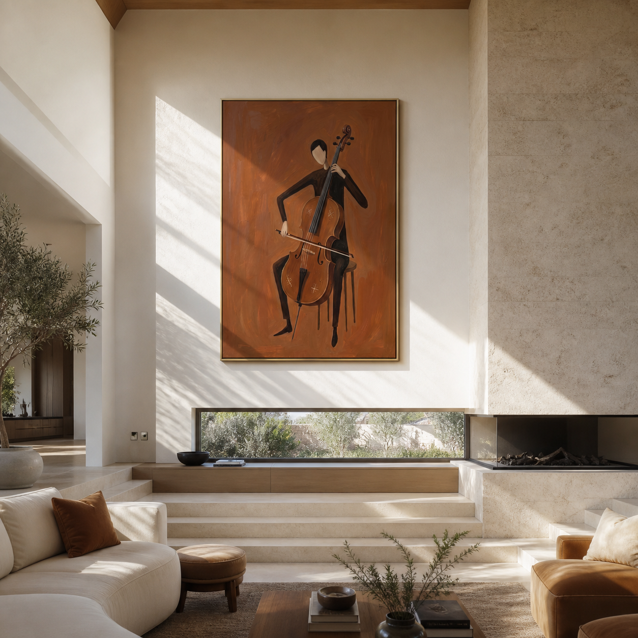 The Cello Draws a Brown Line - cellist figure painting by Marcus Lau, retro modern vertical wall art – styled room scene view 5
